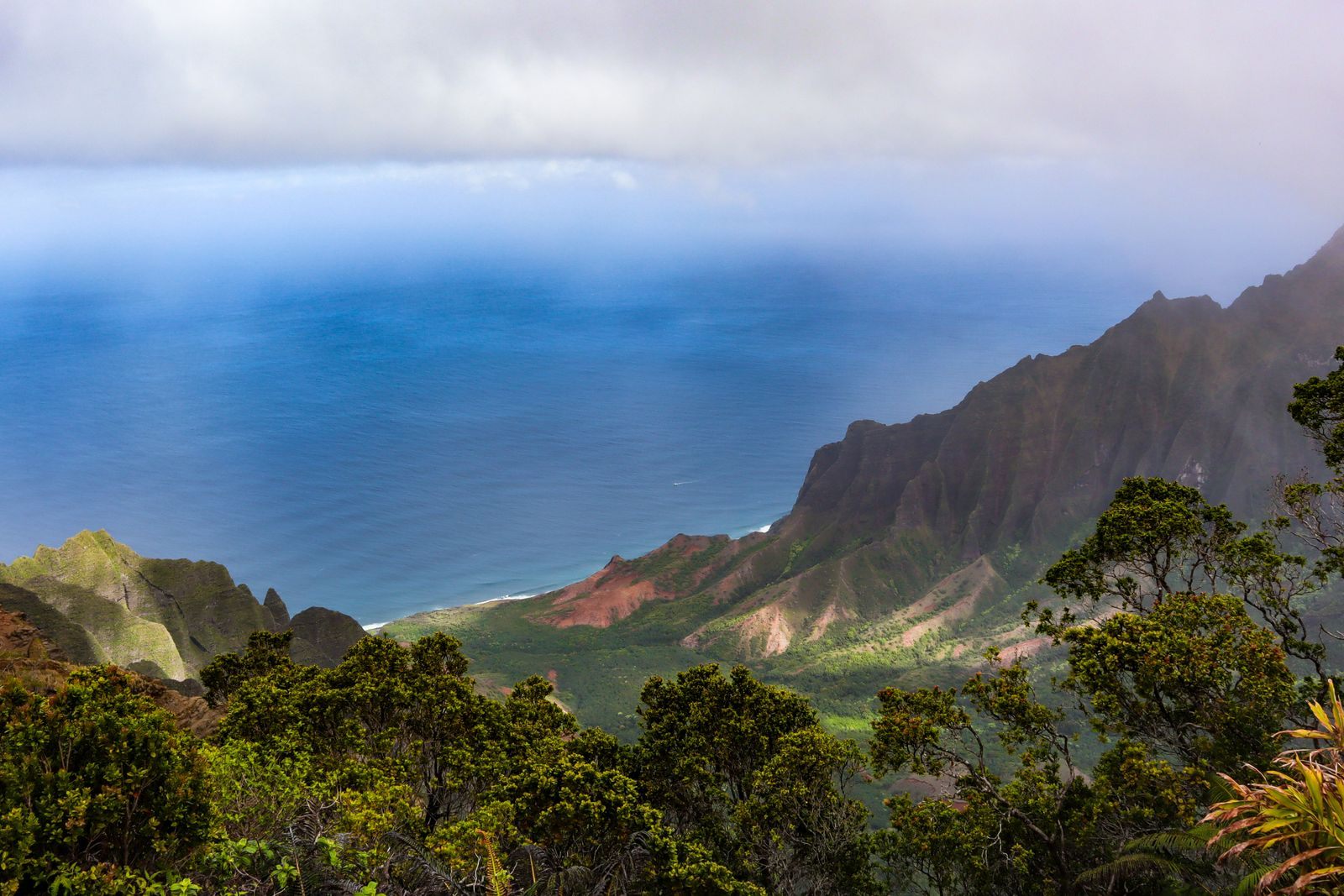 Green cliffs of the Na Pali Coast on Kauai above the Pacific